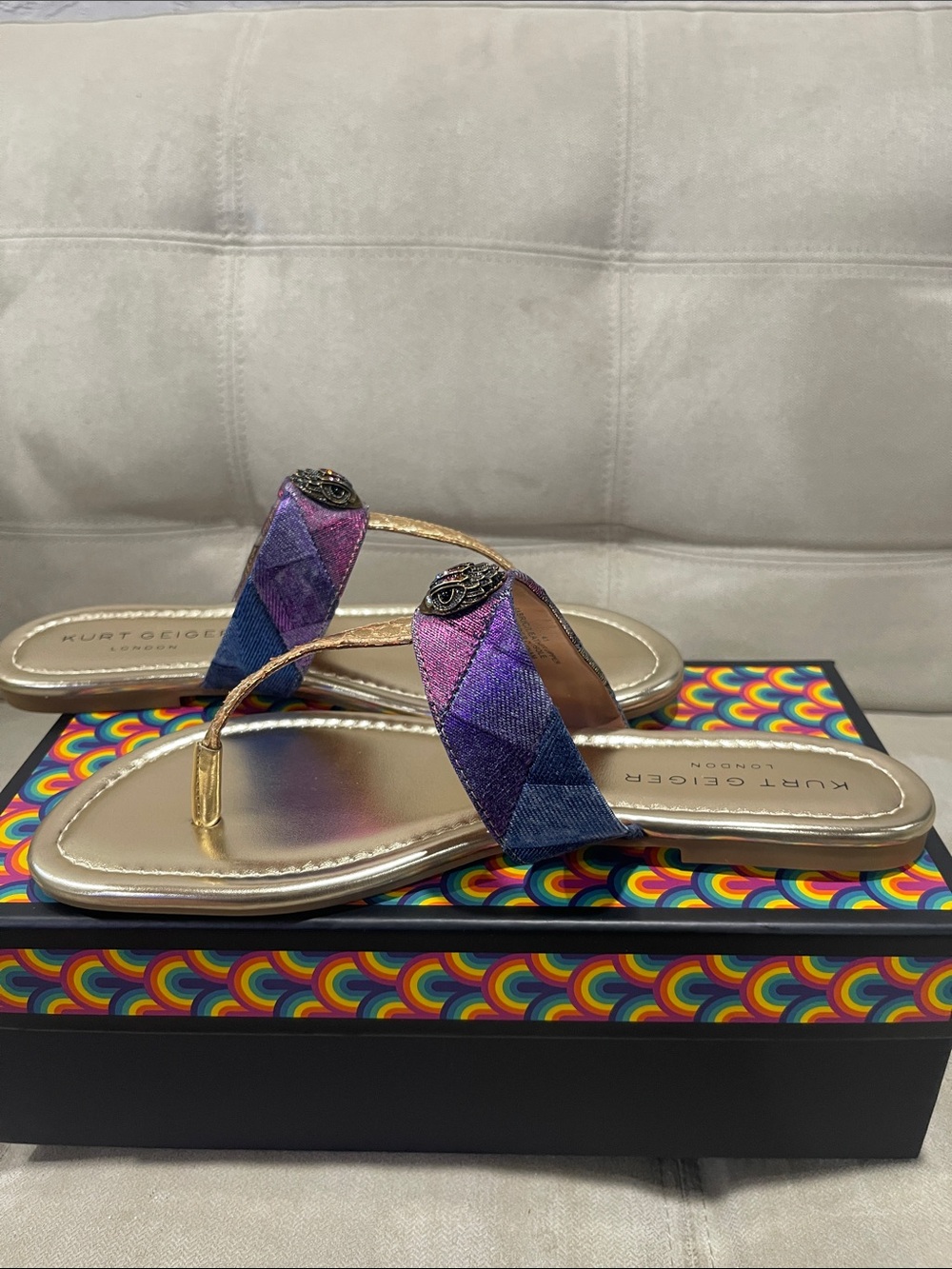 Kurt Geiger Kensington T -Bar Denim Sandal - Picture 2 of 8